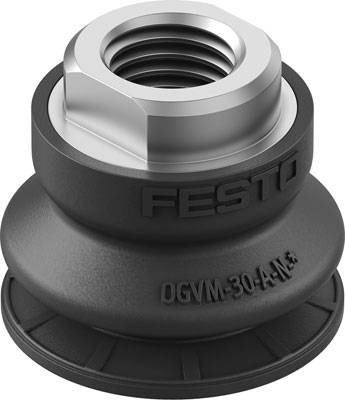 Rubber suction gripper by Festo, model OGV-M. Dark grey rubber body with metal insert and threaded screw, marked 'OGVM-30A-N3'.