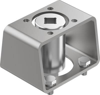 Metal mounting bracket with a rectangular base and central cylindrical opening, secured by two screws, made of stainless steel.