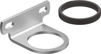 Metal bracket and plastic ring. Bracket with two mounting holes, ring with a ridged edge, likely for installation purposes.