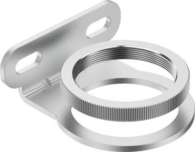 Metal mounting bracket with a round, ribbed ring and a rectangular base with two fixing holes.