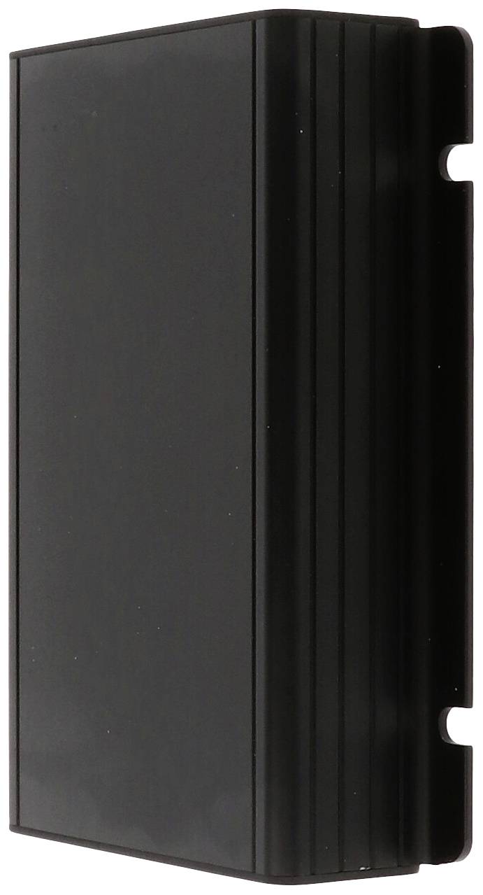 A rectangular, black enclosure, photographed from the side. It is simply designed without visible markings or openings.