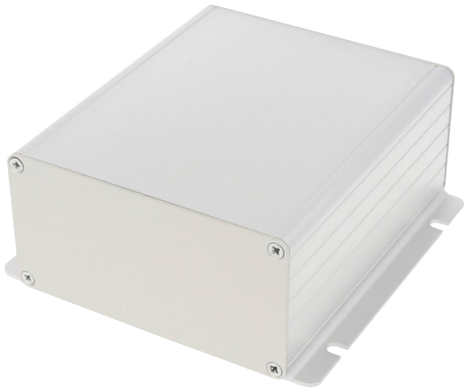 A rectangular, white metal enclosure with four screws on the front and mounting rails on the underside.