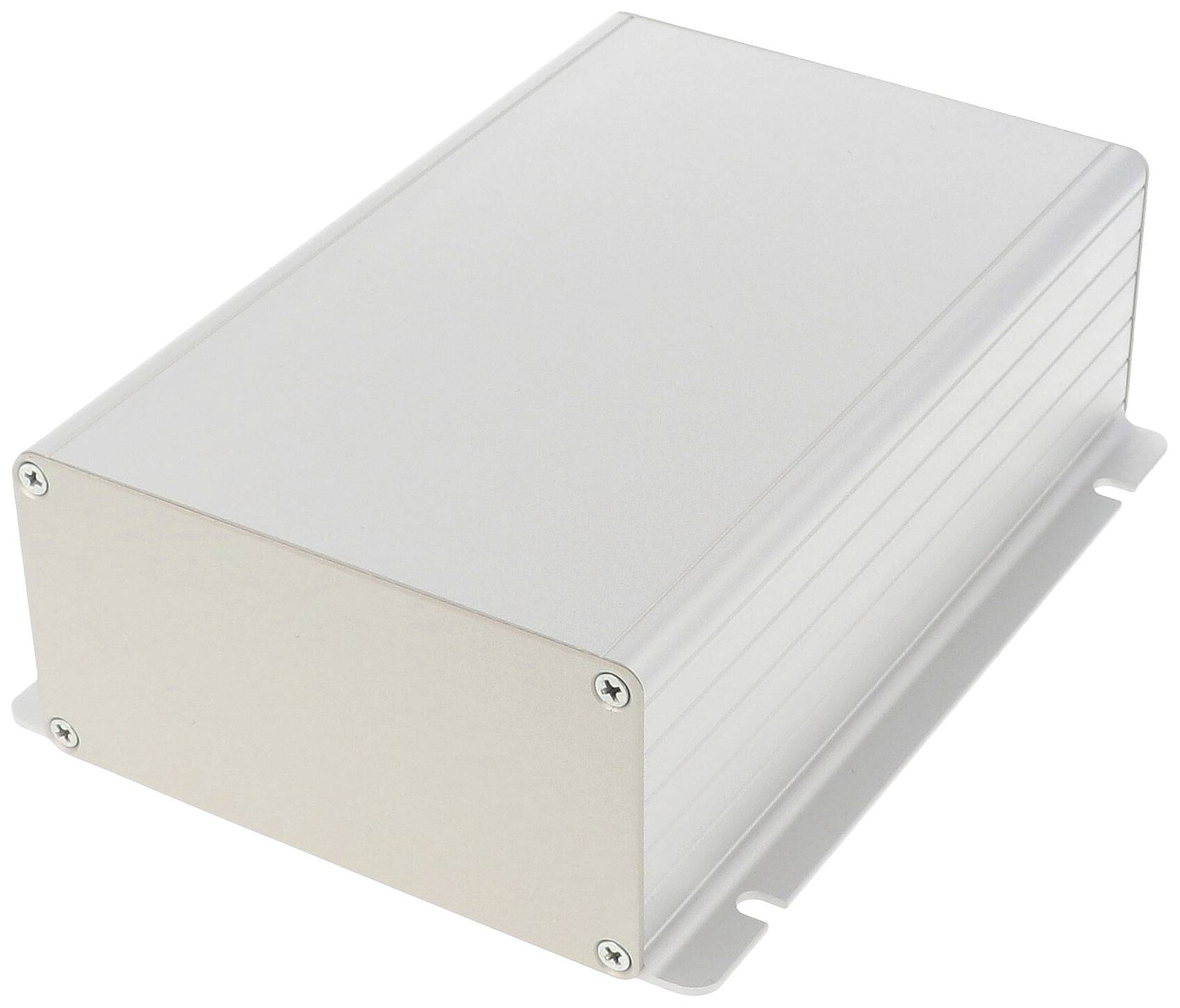Rectangular metal enclosure with a smooth surface and screws at the corners, suitable for electronic components.