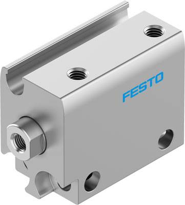 Silver pneumatic cylinder with Festo logo, compact rectangular shape, multiple ports for connections.