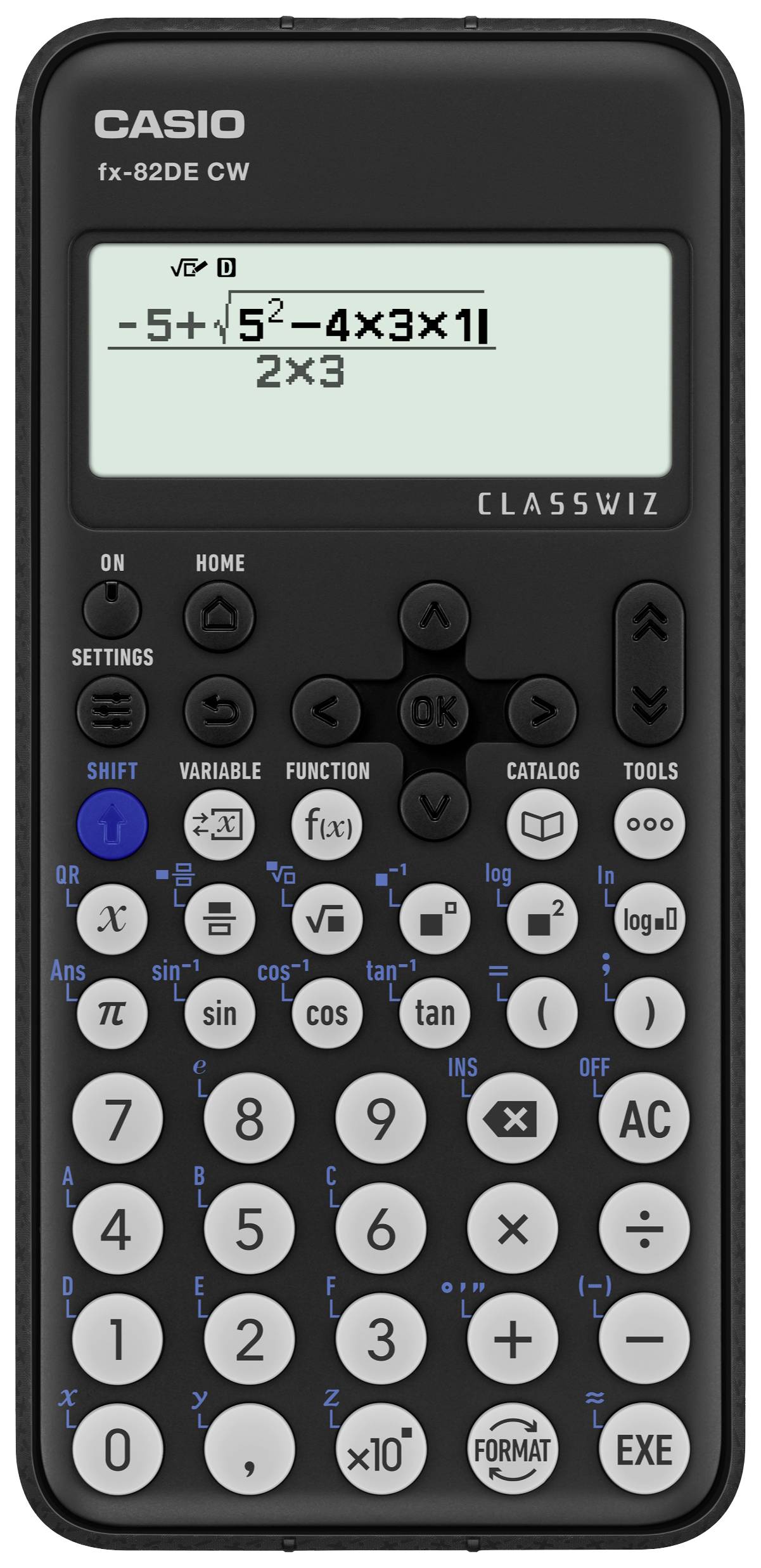 A scientific calculator displays the calculation: '-5 + √(52) - 4 × 3 × 1' divided by '2 × 3'.