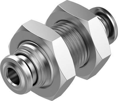 A silver, metallic connecting element with hexagonal nuts and a central thread, likely used for industrial applications.