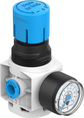 A pressure regulator with a blue cap and pressure gauge. Printing shows '+/-'. The pressure gauge displays pressure readings.