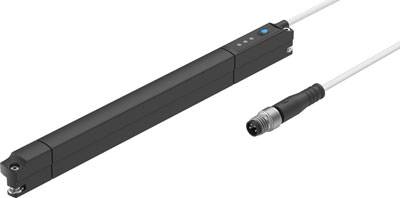 Black linear displacement transducer with cable and plug. Used for precise position measurement in machines and devices.