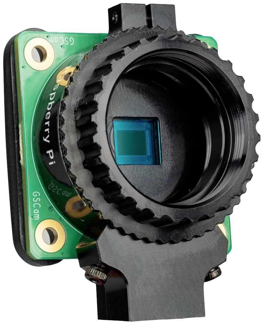 A Raspberry Pi camera module with a visible sensor and an attached lens ring, mounted on a green circuit board.