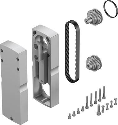 Technical exploded diagram of a mechanical component set, comprising two metal housings, a toothed belt, gears, and various screws.