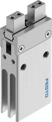 A pneumatic gripper by Festo with two parallel gripping arms, suitable for precise industrial applications.