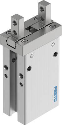Metallic gripping tool with two parallel gripping arms, suitable for precision applications in automation engineering. 'Festo' brand name visible.