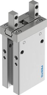 A pneumatic gripper by Festo in metal construction, suitable for precise handling and movement of objects in automated systems.