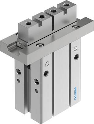 Illustrated is a pneumatic cylinder by Festo with multiple mounting points, suitable for industrial automation.
