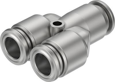 A double pneumatic metal connector that joins two hoses together. Suitable for industrial applications.