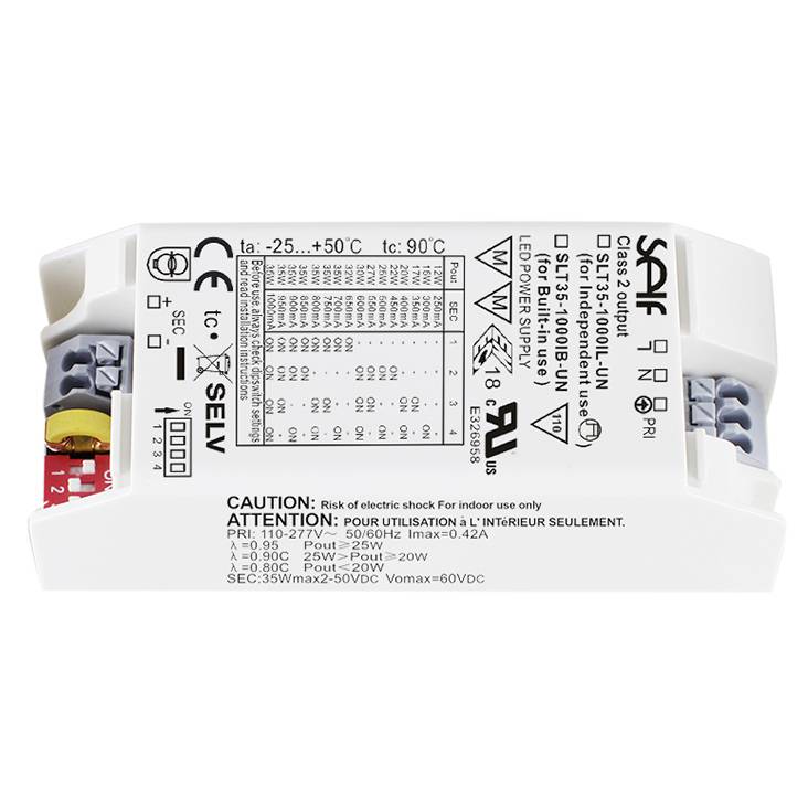 Compact LED constant current driver with technical specifications: Input 110-277V, Output 225V, Current 0.42A, Protection class IP20.