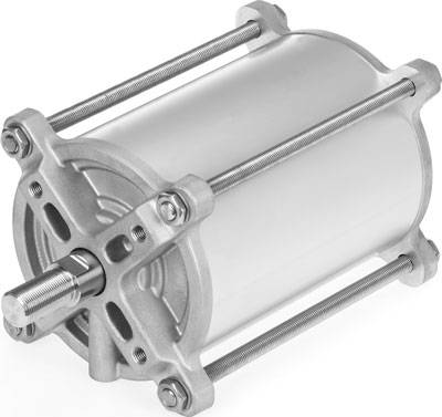 A silver, cylindrical pneumatic cylinder with metal rods and screws on a white surface.