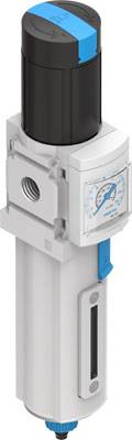 Pressure regulator with manometer display, black handle on top, white body with blue accents, vertical installation.