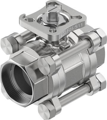 A stainless steel ball valve with a large hexagonal nut and four screws, designed for industrial applications.