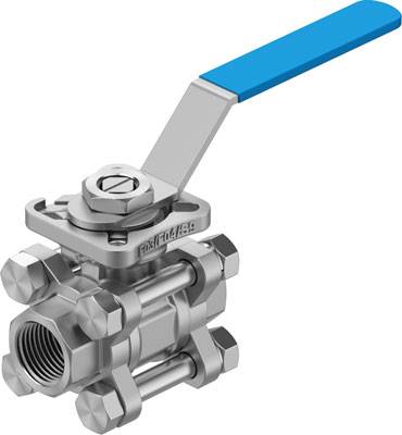 Three-way metal ball valve with blue hand lever, industrial component for controlling liquid flow in pipelines.