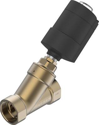 A metal angle valve with a black upper section, used for regulating liquids or gases in industrial applications.