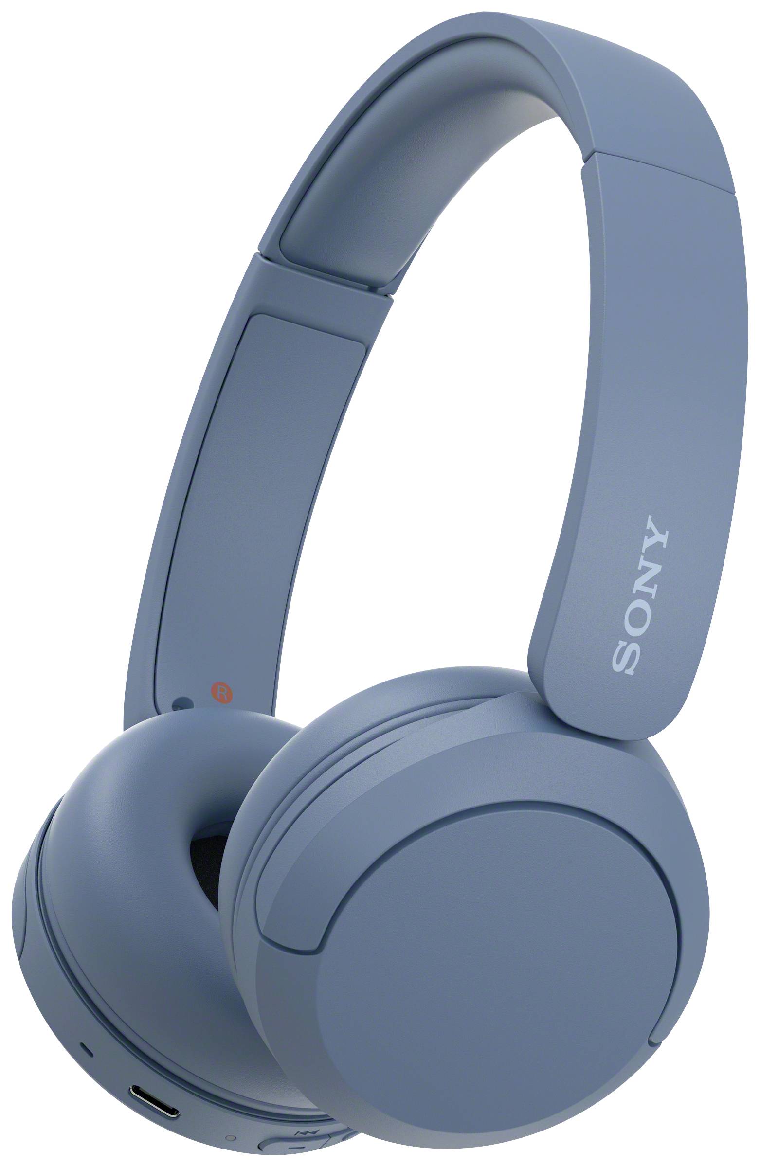 Wireless blue headphones with swivelling ear cups and a padded headband for comfortable listening on the go.