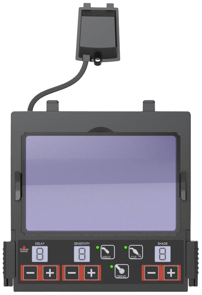 Welding helmet with digital display and control elements for delay, sensitivity, and protection level on the front panel.