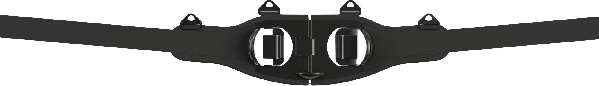 A black, horizontally positioned mechanical component with central openings and side mounting points.