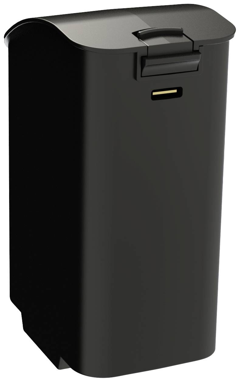 A tall, rectangular black waste bin with a lid and handle on top, suitable for indoor or outdoor use.