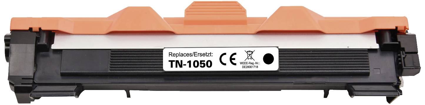 A black TN-1050 toner with an orange cover, intended for replacement in specific printer models.