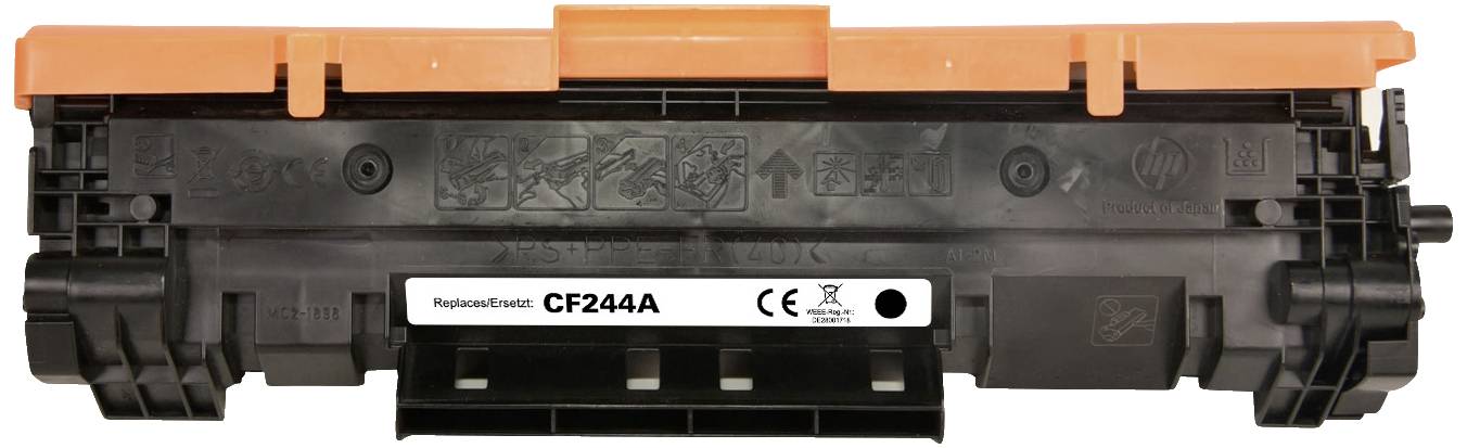 A black CF244A printer toner module with an orange protective cover on top. Sustainably manufactured, CE and recycling symbols visible.