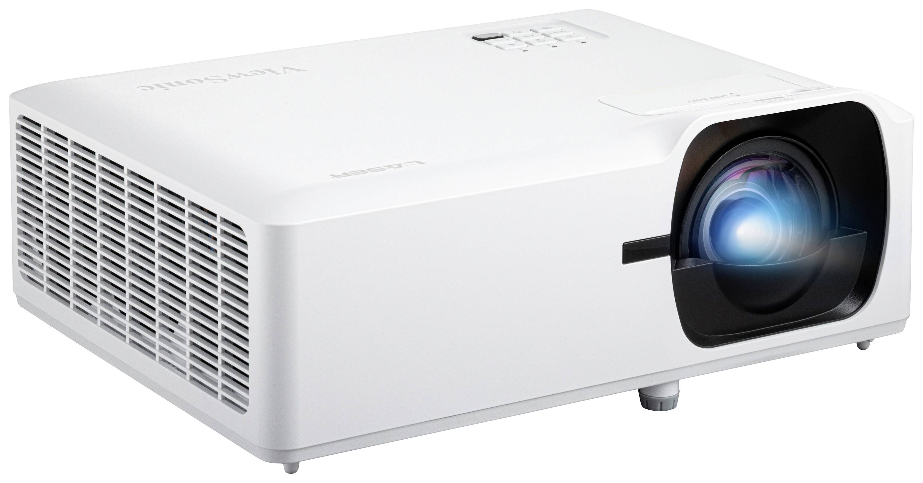 A white projector with a visible light beam, suitable for presentations or home cinema applications. Device positioned on a light surface.