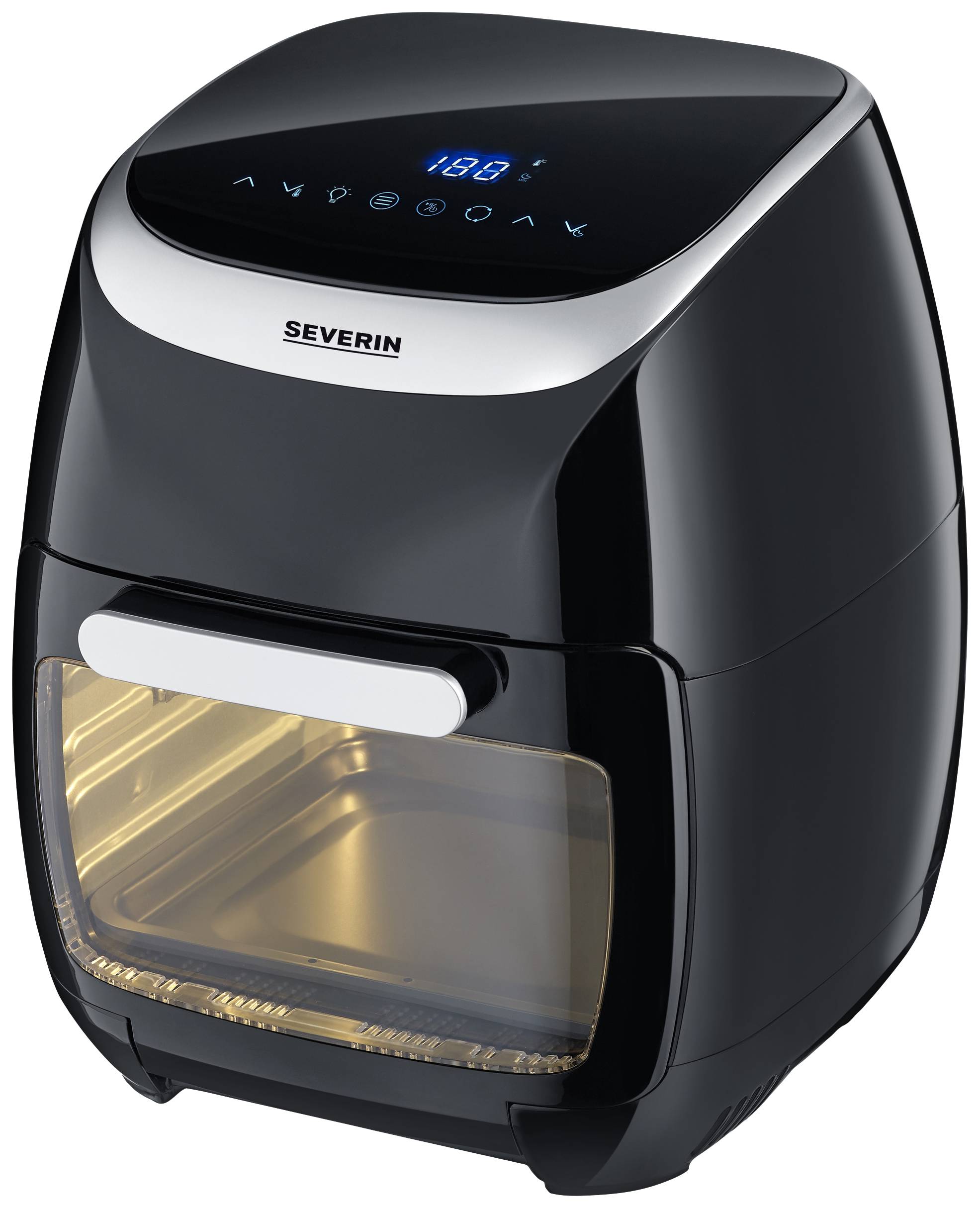 Black hot air fryer with digital display and transparent door; Brand 'Severin'. Suitable for low-fat frying.