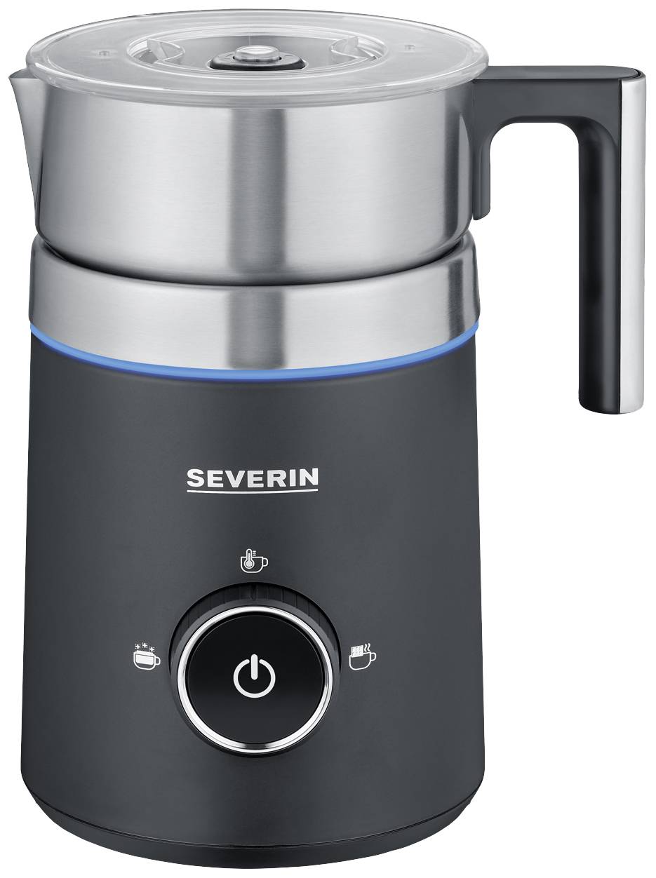 Electric milk frother in black and silver with a large control button and operational indicator lights. Brand name 'Severin' on the front.