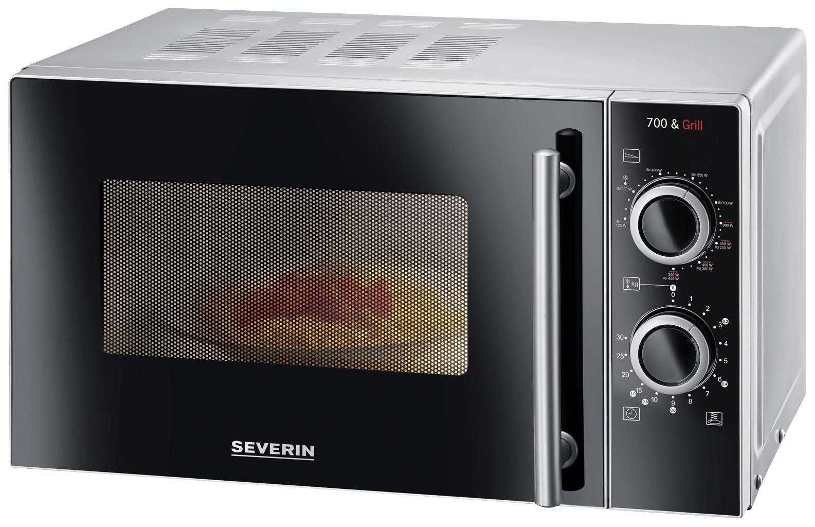 A black microwave with silver details and two rotary dials on the right side. A plate with food is inside.