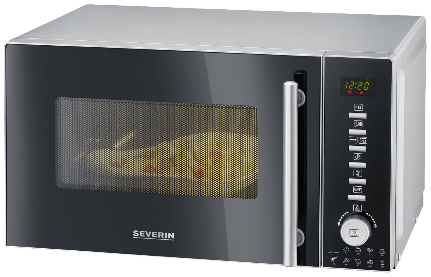 A black microwave with a digital display shows '12:20'. Inside, there is a plate with reheated food.