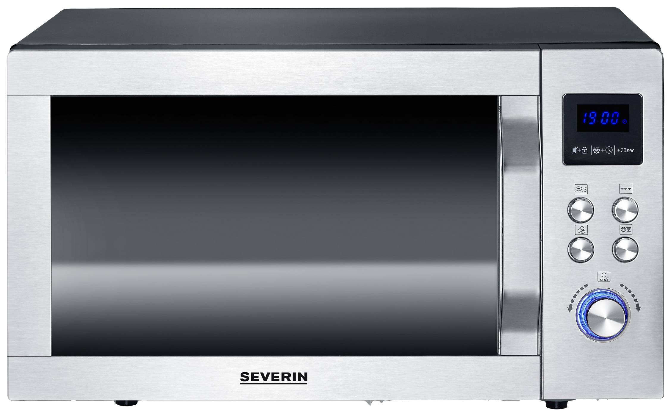 Silver microwave with a digital display on the right, four control buttons, and a time reading of '19:00' on the display.