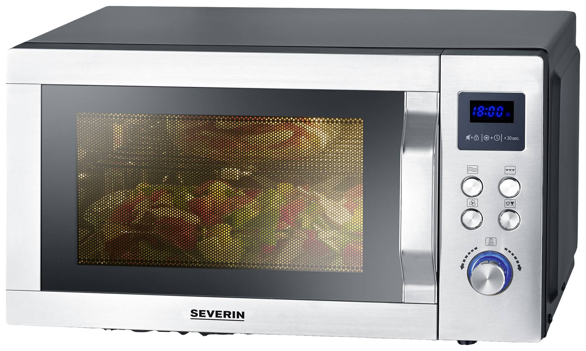 A silver microwave with a digital display shows the time. Inside, colourful plates can be seen.