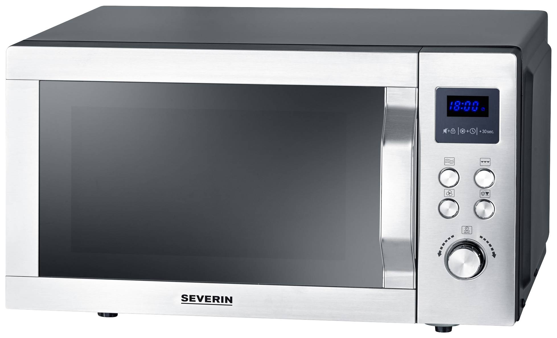 Silver microwave with a digital display and several control buttons on the right side, showing the time '18:00'.