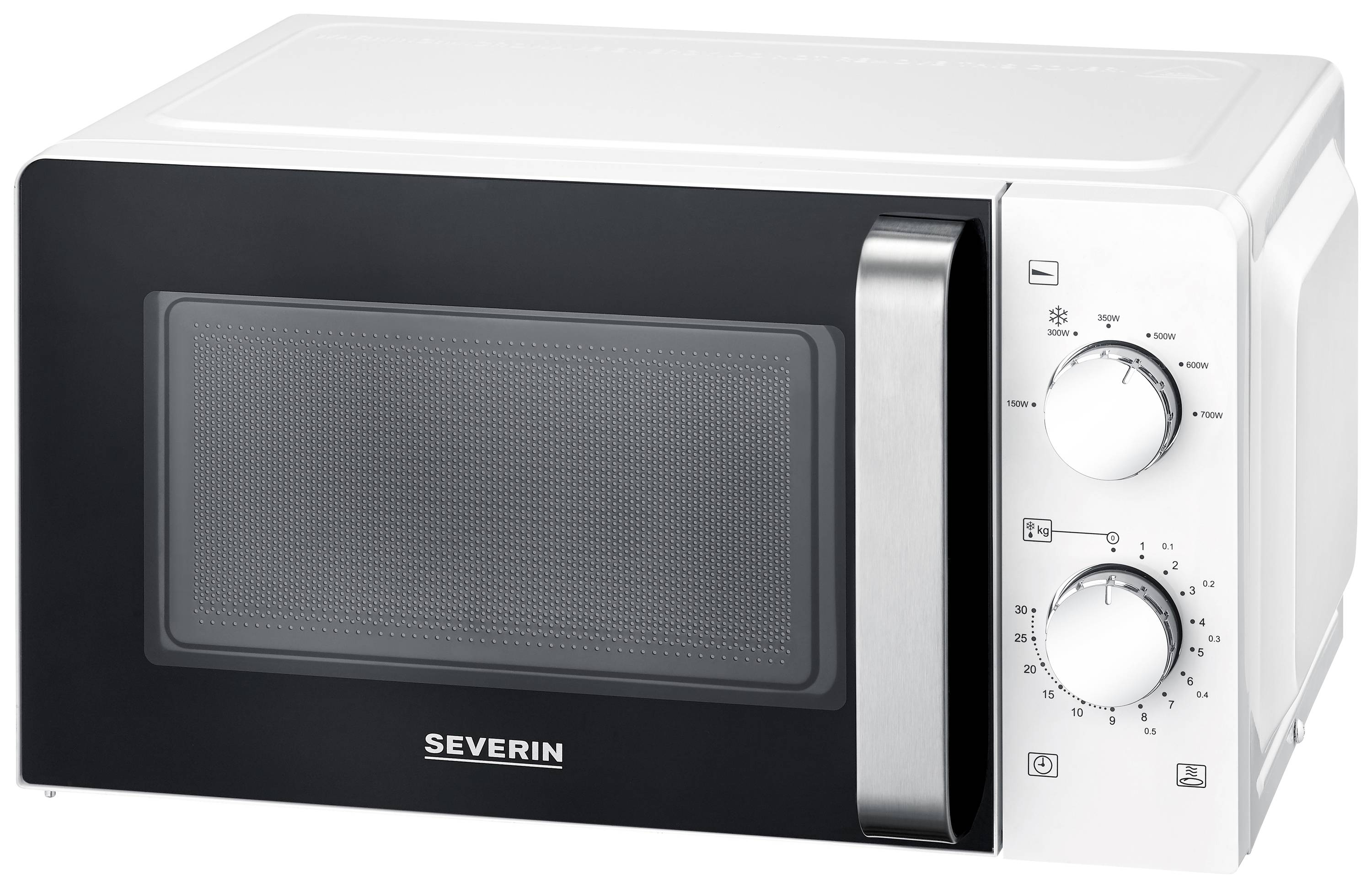 White microwave with a grey handle and two rotary knobs for setting time and power.