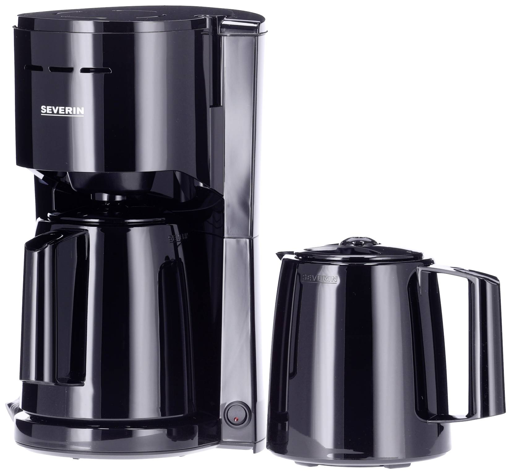 Black coffee machine with a jug beside it, suitable for brewing filter coffee.