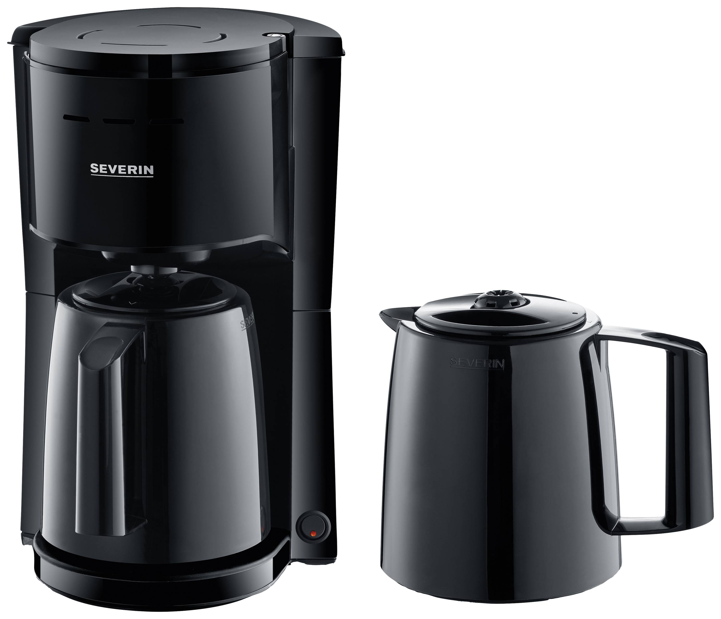 Coffee machine in black with two carafes; one is in the machine, the other beside it. Suitable for filter coffee.