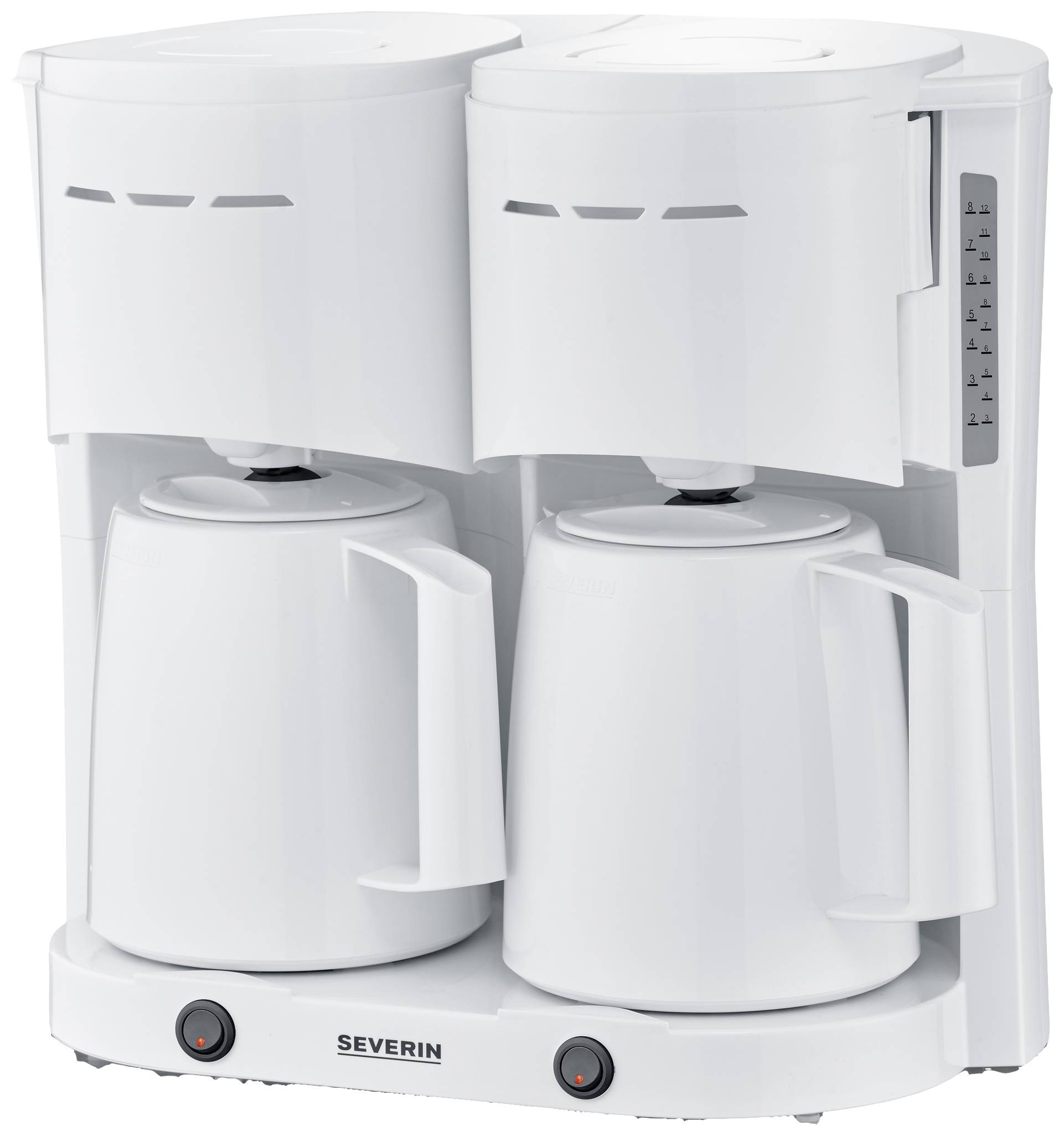 A white, double coffee machine with two plastic carafes. Filter compartments are located on the left and right sides.