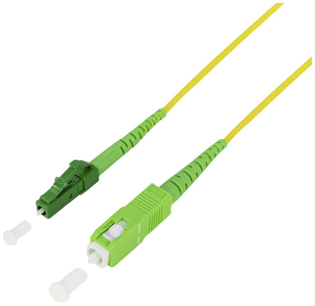 Two fibre optic cables with green connectors and yellow cable, one with an SC connector, the other with an LC connector, both with protective caps.
