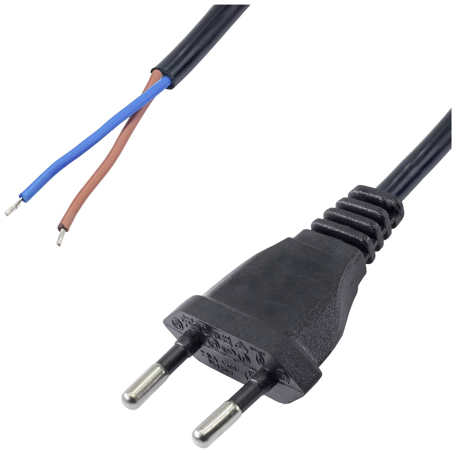 A black, European two-pin plug with connected blue and brown wires, cut at the end.
