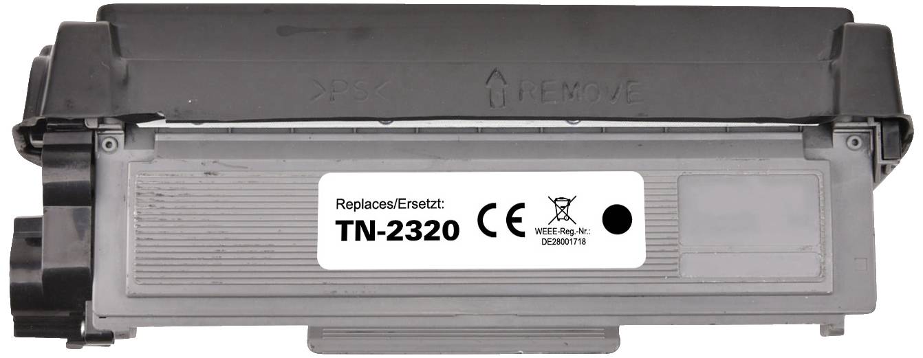 A grey printer toner cartridge with the inscription 'Replaces/Replaces: TN-2320', the CE mark and recycling symbol on the front.