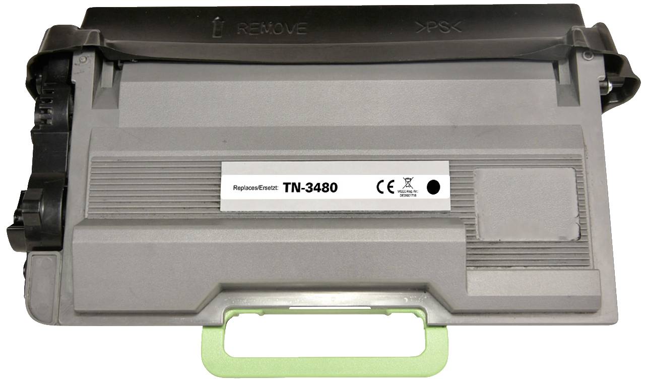 Grey toner cartridge with 'TN-3480' printed on it, suitable for laser printers. A black lid on top, with a green handle underneath.