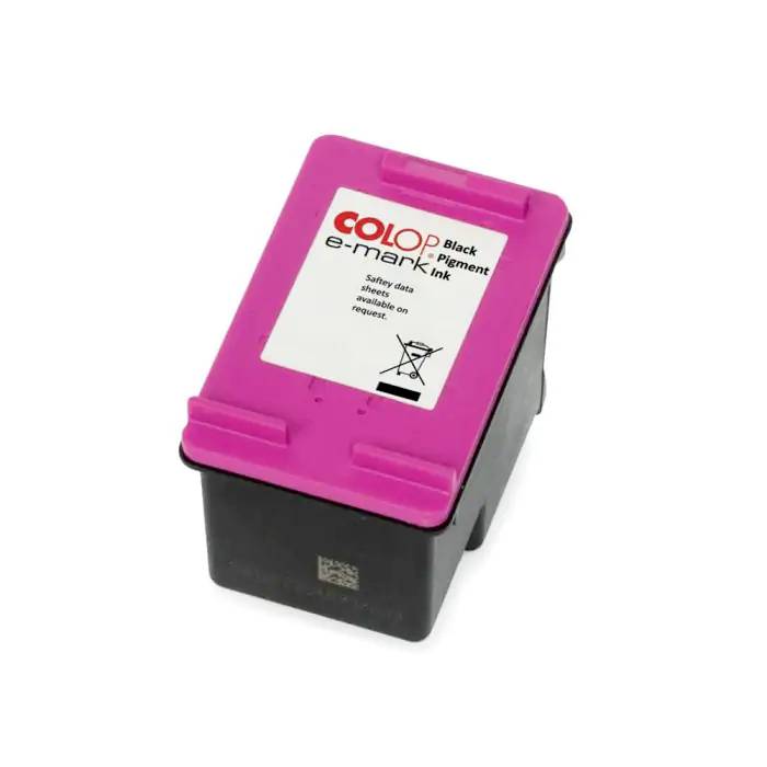Black ink cartridge with pink label from the 'Colop e-mark' brand.