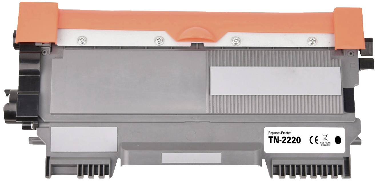 Printer toner cartridge labelled 'TN-2220'. An orange cover on top, ventilation slots underneath.