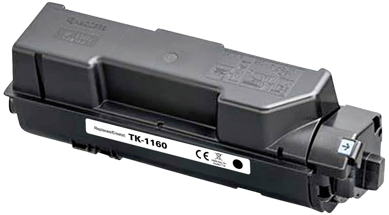Black toner cartridge with the inscription 'Replacement TK-1160', suitable for printers. Features CE marking and recycling symbol.